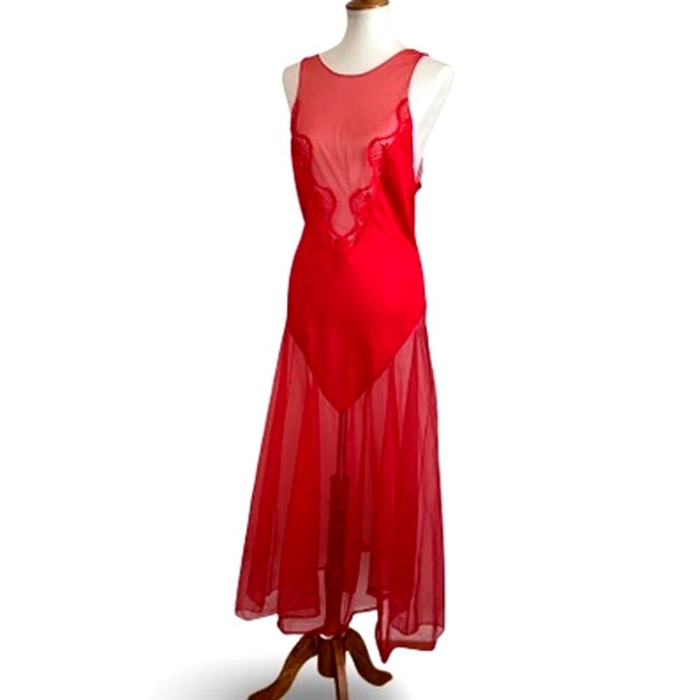 90s Vintage Red Satin & Mesh Lace Slip Gown Maxi